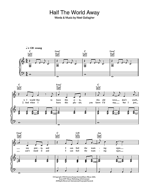 Oasis Half The World Away Sheet Music Notes Chords Download Rock Notes Piano Vocal Guitar Pdf Print 115427