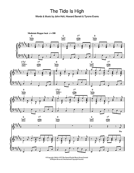 Blondie The Tide Is High Sheet Music Notes Chords Download Pop Notes Piano Vocal Guitar Pdf Print 115429