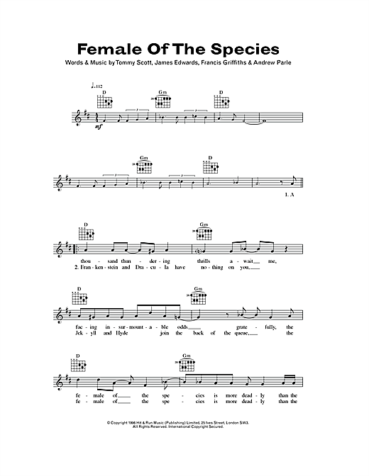 Space Female Of The Species Sheet Music Notes Chords Download Pop Notes Melody Line Lyrics Chords Pdf Print 115459