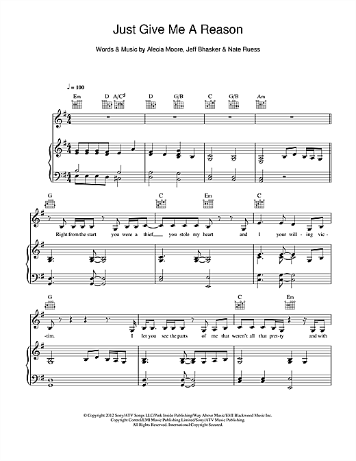 Pink Just Give Me A Reason Feat Nate Ruess Sheet Music Notes Chords Download Pop Notes Piano Vocal Guitar Pdf Print 116052