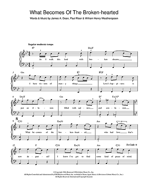 Preview Jimmy Ruffin What Becomes Of The Brokenhearted? Pop sheet music, notes and chords for Beginner Piano, SKU: 116326 sheet music, piano notes, chords, guitar tabs, score, transpose, transcribe, how to play, guide, download, learn, tutorial, progression, song, artist, awards, billboard, mtv, vh1, tour, single, album, release