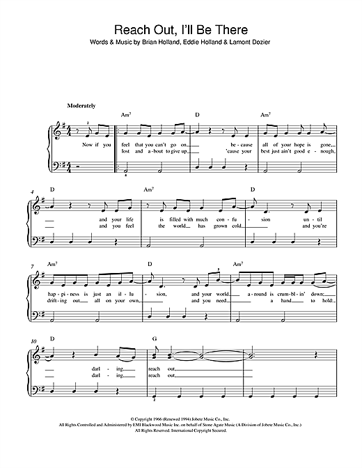 Preview The Four Tops Reach Out, I'll Be There Soul sheet music, notes and chords for Beginner Piano, SKU: 116329 sheet music, piano notes, chords, guitar tabs, score, transpose, transcribe, how to play, guide, download, learn, tutorial, progression, song, artist, awards, billboard, mtv, vh1, tour, single, album, release