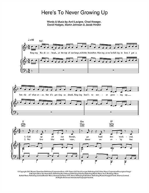 Preview Avril Lavigne Here's To Never Growing Up Pop sheet music, notes and chords for Piano, Vocal & Guitar (Right-Hand Melody), SKU: 116380 sheet music, piano notes, chords, guitar tabs, score, transpose, transcribe, how to play, guide, download, learn, tutorial, progression, song, artist, awards, billboard, mtv, vh1, tour, single, album, release