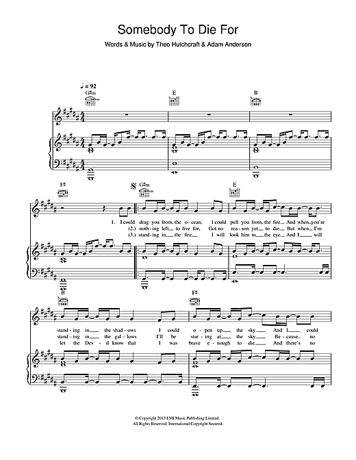 Hurts Somebody To Die For Sheet Music Notes, Chords | Download.