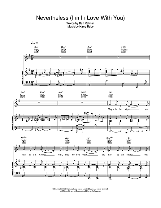 Preview Michael Buble Nevertheless (I'm In Love With You) Swing sheet music, notes and chords for Piano, Vocal & Guitar (Right-Hand Melody), SKU: 116686 sheet music, piano notes, chords, guitar tabs, score, transpose, transcribe, how to play, guide, download, learn, tutorial, progression, song, artist, awards, billboard, mtv, vh1, tour, single, album, release