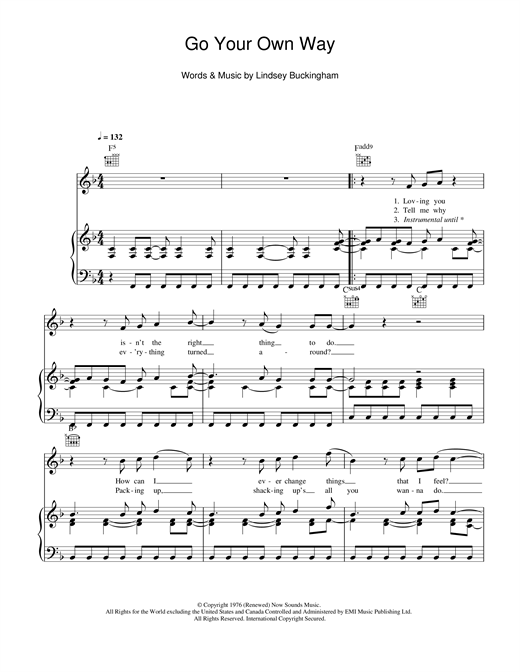 Fleetwood Mac Go Your Own Way Sheet Music Notes Chords Download Rock Notes Piano Vocal Guitar Right Hand Melody Pdf Print 116908