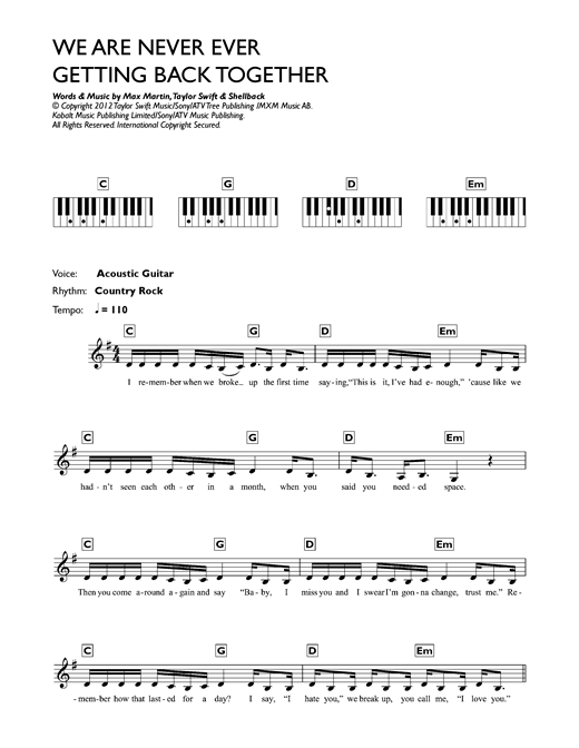 Taylor Swift We Are Never Ever Getting Back Together Sheet Music