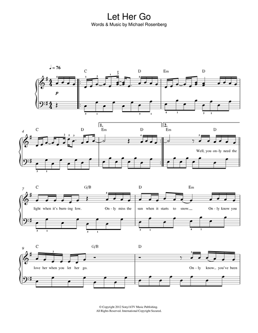 Let Her Go Piano Notes Easy