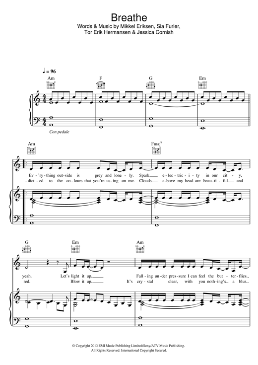 Preview Jessie J Breathe Pop sheet music, notes and chords for Piano, Vocal & Guitar (Right-Hand Melody), SKU: 117291 sheet music, piano notes, chords, guitar tabs, score, transpose, transcribe, how to play, guide, download, learn, tutorial, progression, song, artist, awards, billboard, mtv, vh1, tour, single, album, release