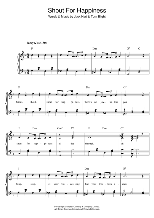 Preview Al Bowlly Shout For Happiness Swing sheet music, notes and chords for Easy Piano, SKU: 117374 sheet music, piano notes, chords, guitar tabs, score, transpose, transcribe, how to play, guide, download, learn, tutorial, progression, song, artist, awards, billboard, mtv, vh1, tour, single, album, release