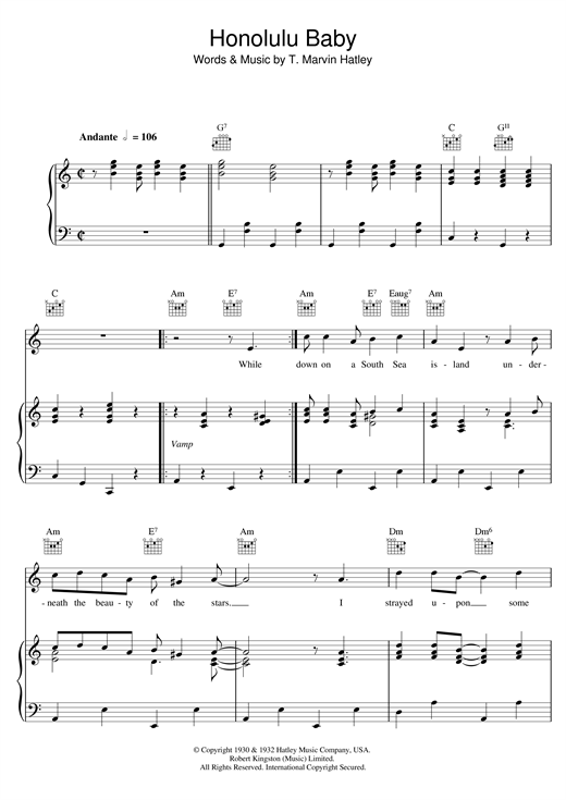 T Marvin Hatley Honolulu Baby Sheet Music Download Pdf Score 117793 See more of honolulu band on facebook. t marvin hatley honolulu baby sheet music notes chords download printable piano vocal guitar right hand melody sku 117793