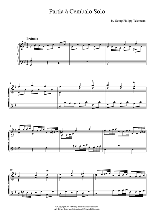 Preview Georg Philipp Telemann Partia À Cembalo Solo Baroque sheet music, notes and chords for Piano, SKU: 117941 sheet music, piano notes, chords, guitar tabs, score, transpose, transcribe, how to play, guide, download, learn, tutorial, progression, song, artist, awards, billboard, mtv, vh1, tour, single, album, release