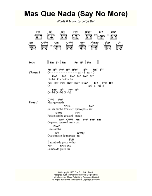 Jorge Ben Mas Que Nada Say No More Sheet Music Notes Chords