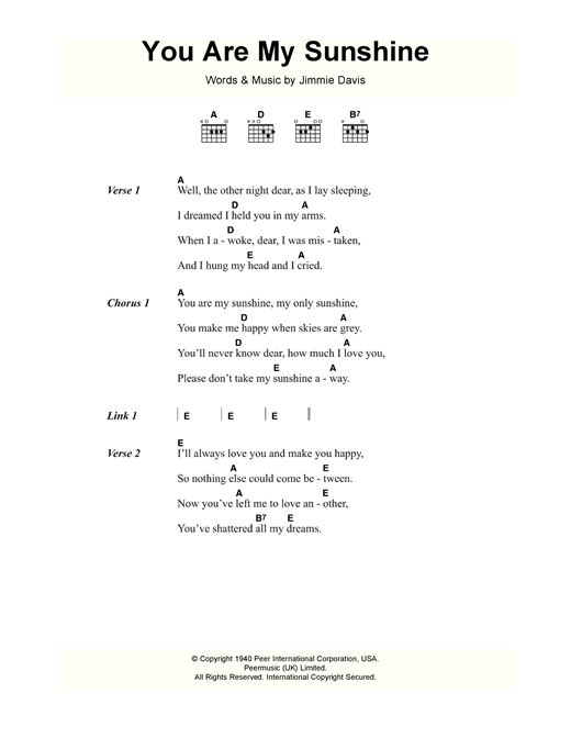 Jimmie Davis You Are My Sunshine Sheet Music Notes Chords Download Country Notes Lyrics Chords Pdf Print 118155