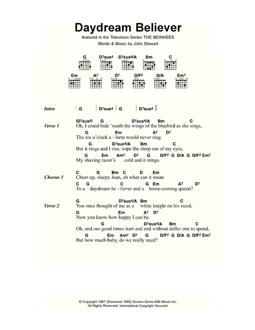The Monkees Daydream Believer Sheet Music Notes Chords Download