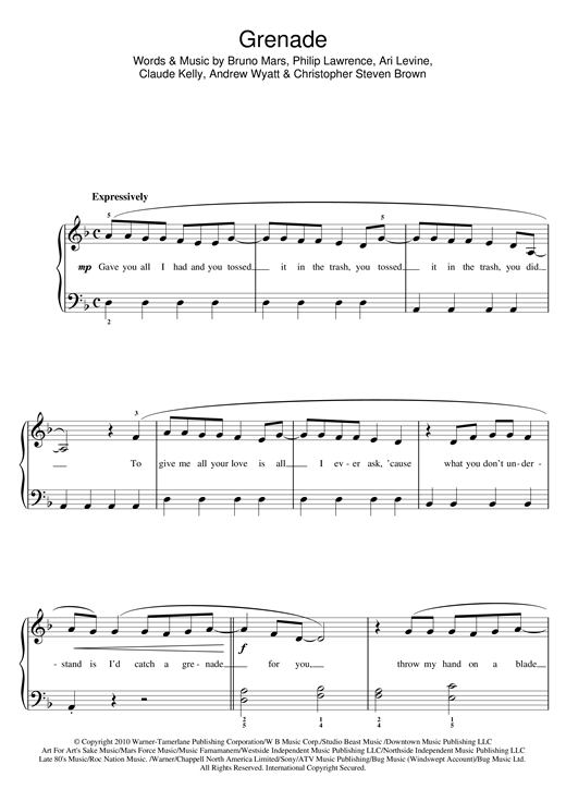 Bruno Mars Grenade Sheet Music Notes Chords Download Pop Notes Beginner Piano Pdf Print 118413