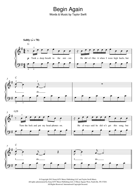 Taylor Swift Begin Again Sheet Music Notes Chords Download Pop Notes Beginner Piano Pdf Print 118669