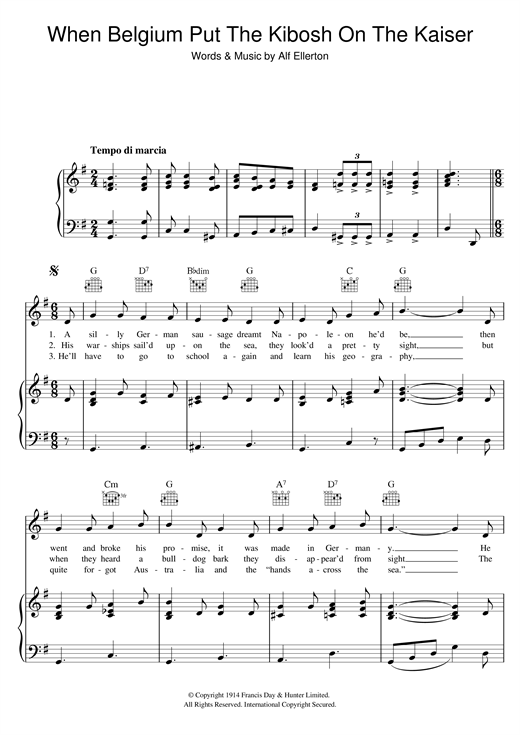 Preview Alf Ellerton Belgium Put The Kibosh On The Kaiser Post-1900 sheet music, notes and chords for Piano, Vocal & Guitar (Right-Hand Melody), SKU: 118706 sheet music, piano notes, chords, guitar tabs, score, transpose, transcribe, how to play, guide, download, learn, tutorial, progression, song, artist, awards, billboard, mtv, vh1, tour, single, album, release
