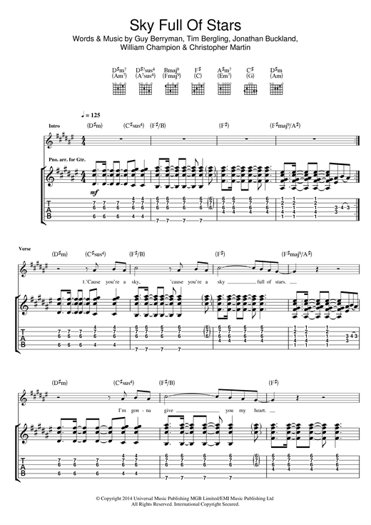 Coldplay A Sky Full Of Stars Sheet Music Notes Chords Download Pop Notes Guitar Tab Pdf Print 118872