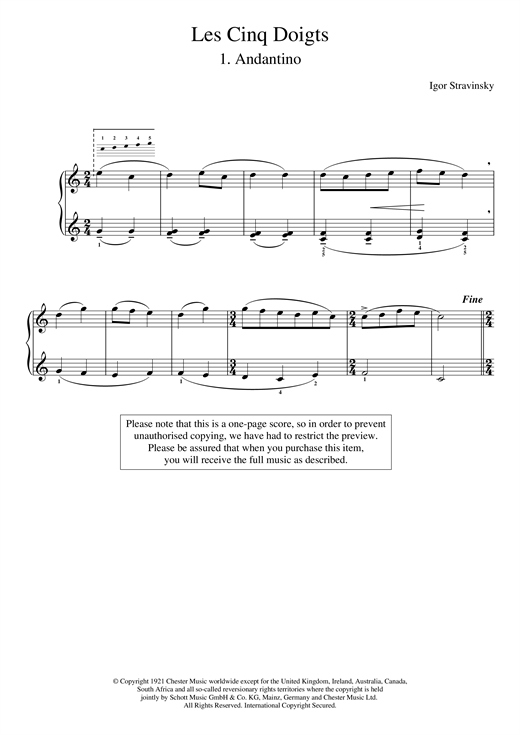 Preview Igor Stravinsky Andantino (No. 1 From Les Cinq Doigts) Classical sheet music, notes and chords for Piano, SKU: 119027 sheet music, piano notes, chords, guitar tabs, score, transpose, transcribe, how to play, guide, download, learn, tutorial, progression, song, artist, awards, billboard, mtv, vh1, tour, single, album, release