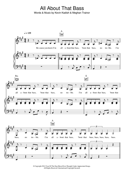 Preview Meghan Trainor All About That Bass Pop sheet music, notes and chords for Piano, Vocal & Guitar (Right-Hand Melody), SKU: 119626 sheet music, piano notes, chords, guitar tabs, score, transpose, transcribe, how to play, guide, download, learn, tutorial, progression, song, artist, awards, billboard, mtv, vh1, tour, single, album, release