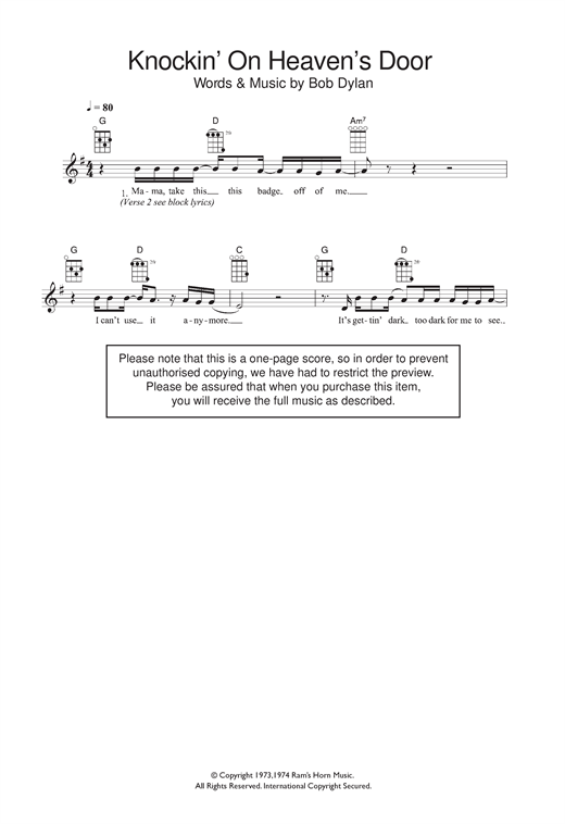 Bob Dylan Knockin On Heaven S Door Sheet Music Notes Chords Download Folk Notes Ukulele Pdf Print 1374