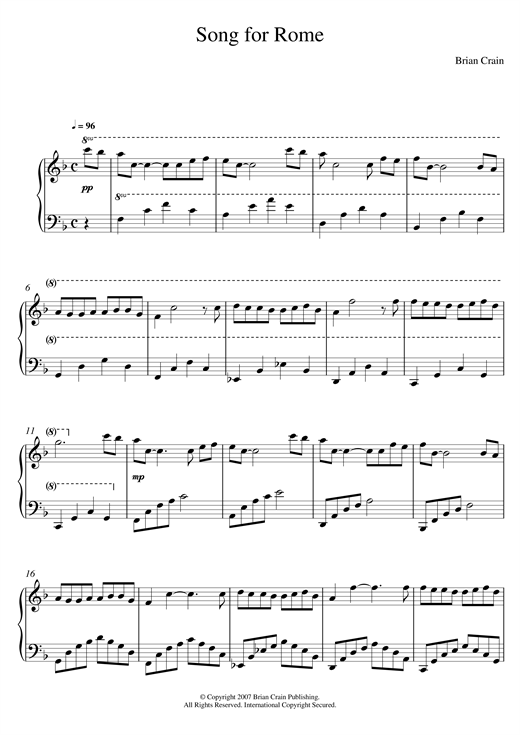 Preview Brian Crain Song For Rome Classical sheet music, notes and chords for Piano, SKU: 120741 sheet music, piano notes, chords, guitar tabs, score, transpose, transcribe, how to play, guide, download, learn, tutorial, progression, song, artist, awards, billboard, mtv, vh1, tour, single, album, release