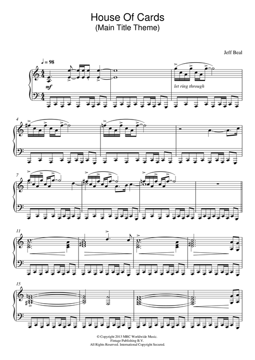 Preview Jeff Beal House Of Cards (Main Title Theme) Film and TV sheet music, notes and chords for Piano, SKU: 120949 sheet music, piano notes, chords, guitar tabs, score, transpose, transcribe, how to play, guide, download, learn, tutorial, progression, song, artist, awards, billboard, mtv, vh1, tour, single, album, release