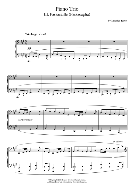 Preview Maurice Ravel Piano Trio - III. Passacaille (Passacaglia) Classical sheet music, notes and chords for Piano, SKU: 121364 sheet music, piano notes, chords, guitar tabs, score, transpose, transcribe, how to play, guide, download, learn, tutorial, progression, song, artist, awards, billboard, mtv, vh1, tour, single, album, release