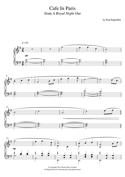 Preview Paul Englishby Café In Paris (from 'A Royal Night Out') Film and TV sheet music, notes and chords for Piano, SKU: 121444 sheet music, piano notes, chords, guitar tabs, score, transpose, transcribe, how to play, guide, download, learn, tutorial, progression, song, artist, awards, billboard, mtv, vh1, tour, single, album, release