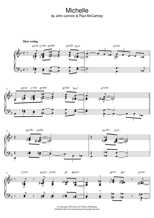Preview The Beatles Michelle (Jazz version) Jazz sheet music, notes and chords for Piano, SKU: 121465 sheet music, piano notes, chords, guitar tabs, score, transpose, transcribe, how to play, guide, download, learn, tutorial, progression, song, artist, awards, billboard, mtv, vh1, tour, single, album, release