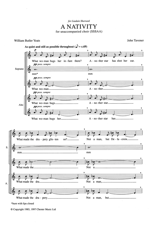 Preview John Tavener A Nativity Classical sheet music, notes and chords for Choral SSSAA, SKU: 121963 sheet music, piano notes, chords, guitar tabs, score, transpose, transcribe, how to play, guide, download, learn, tutorial, progression, song, artist, awards, billboard, mtv, vh1, tour, single, album, release