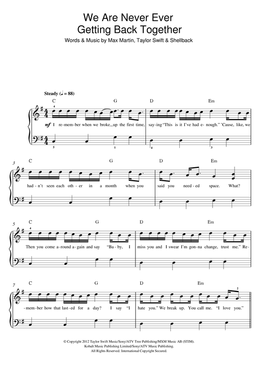 Taylor Swift We Are Never Ever Getting Back Together Sheet Music Notes Chords Download Pop Notes Beginner Piano Pdf Print