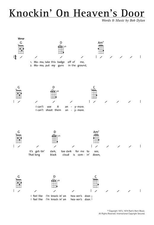 Bob Dylan Knockin On Heaven S Door Sheet Music Notes Chords Download Rock Notes Ukulele With Strumming Patterns Pdf Print