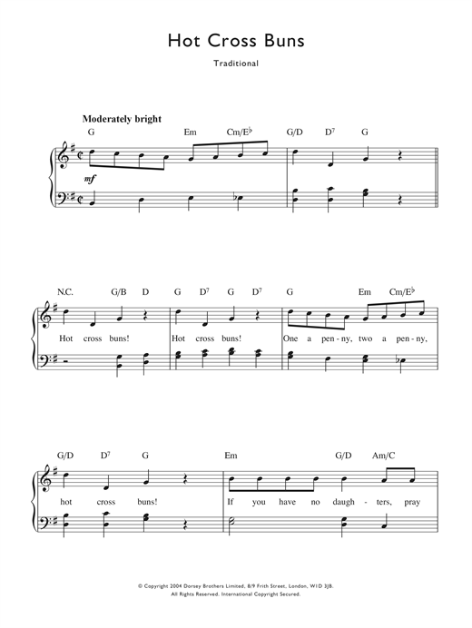 Traditional Nursery Rhyme Hot Cross Buns Sheet Music Notes Chords Traditional Nursery Rhyme Hot Cross