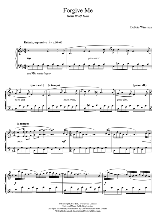Preview Debbie Wiseman Forgive Me (From 'Wolf Hall') Classical sheet music, notes and chords for Piano, SKU: 122962 sheet music, piano notes, chords, guitar tabs, score, transpose, transcribe, how to play, guide, download, learn, tutorial, progression, song, artist, awards, billboard, mtv, vh1, tour, single, album, release
