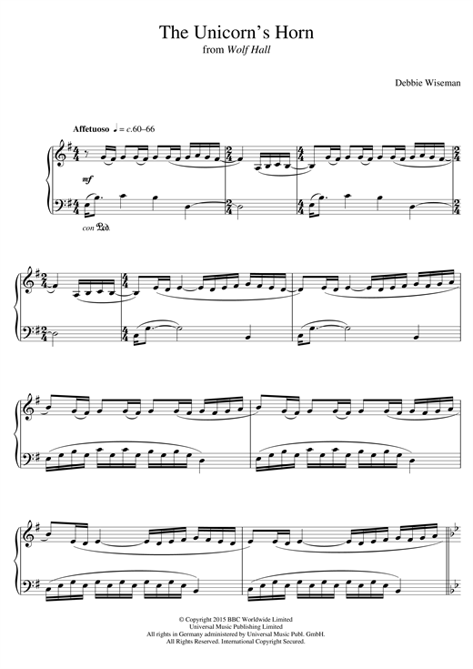 Preview Debbie Wiseman The Unicorn's Horn (From 'Wolf Hall') Classical sheet music, notes and chords for Piano, SKU: 122963 sheet music, piano notes, chords, guitar tabs, score, transpose, transcribe, how to play, guide, download, learn, tutorial, progression, song, artist, awards, billboard, mtv, vh1, tour, single, album, release