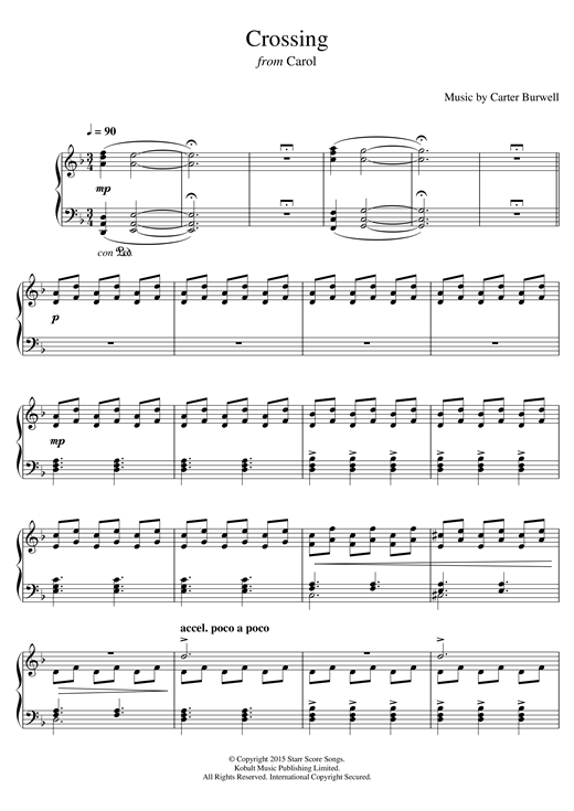 Preview Carter Burwell Crossing (from 'Carol') Film and TV sheet music, notes and chords for Piano, SKU: 123078 sheet music, piano notes, chords, guitar tabs, score, transpose, transcribe, how to play, guide, download, learn, tutorial, progression, song, artist, awards, billboard, mtv, vh1, tour, single, album, release