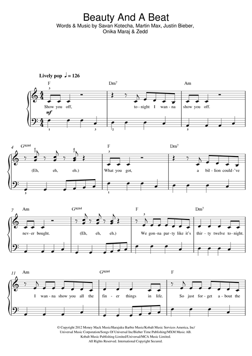 Justin Bieber Beauty And A Beat Featuring Nicki Minaj Sheet Music Download Pdf Score