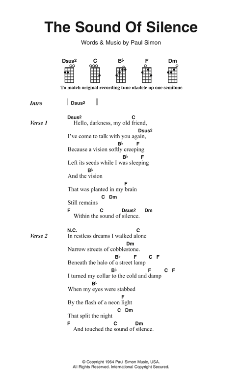 Simon Garfunkel The Sound Of Silence Sheet Music Notes Chords Download Pop Notes Ukulele Lyrics Chords Pdf Print