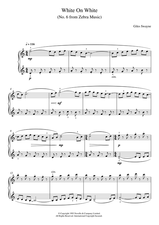 Preview Giles Swayne White On White (No. 6 from Zebra Music) Classical sheet music, notes and chords for Piano, SKU: 123858 White On White (No. 6 from Zebra Music) sheet music
