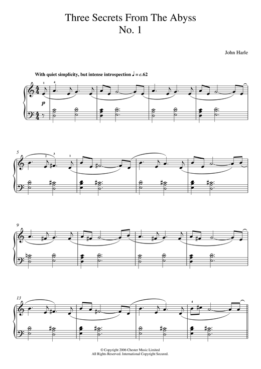 Preview John Harle Three Secrets From The Abyss - No. 1 Classical sheet music, notes and chords for Piano, SKU: 123871 Three Secrets From The Abyss - No. 1 sheet music