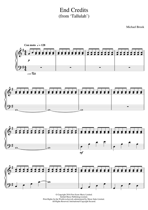 Preview Michael Brook End Credits (from 'Tallulah') Film and TV sheet music, notes and chords for Piano, SKU: 123881 End Credits (from 'Tallulah') sheet music