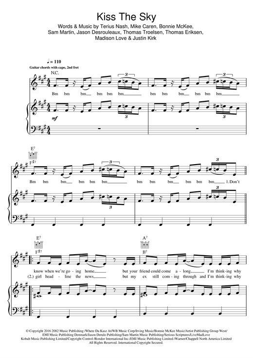 Preview Jason Derulo Kiss The Sky R & B sheet music, notes and chords for Piano, Vocal & Guitar (Right-Hand Melody), SKU: 123882 Kiss The Sky sheet music