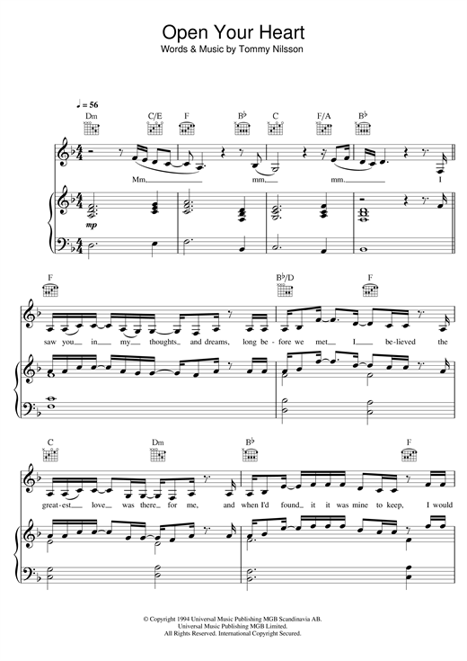 Preview Jill Johnson Open Your Heart (Oppna Din Dorr) Pop sheet music, notes and chords for Piano, Vocal & Guitar (Right-Hand Melody), SKU: 123884 Open Your Heart (Oppna Din Dorr) sheet music