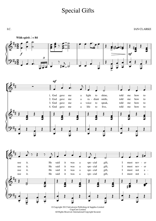 Preview The Salvation Army Special Gifts Religious sheet music, notes and chords for SA, SKU: 123888 Special Gifts sheet music