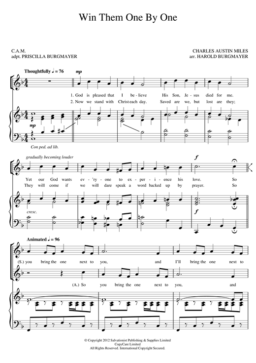 Preview The Salvation Army Win Them One By One Religious sheet music, notes and chords for SA, SKU: 123889 Win Them One By One sheet music