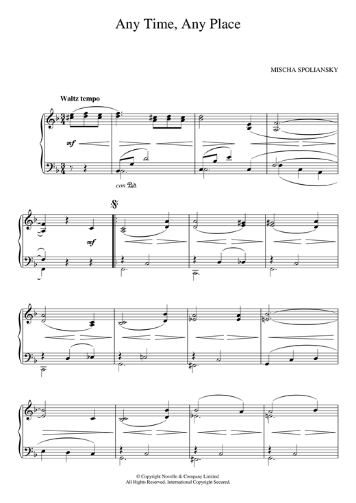 Preview Mischa Spoliansky Any Time, Any Place Classical sheet music, notes and chords for Piano, SKU: 123897 sheet music, piano notes, chords, guitar tabs, score, transpose, transcribe, how to play, guide, download, learn, tutorial, progression, song, artist, awards, billboard, mtv, vh1, tour, single, album, release