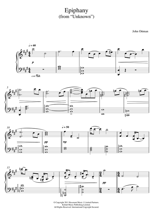 Preview John Ottman Epiphany (From Unknown) Film and TV sheet music, notes and chords for Piano, SKU: 123903 Epiphany (From Unknown) sheet music