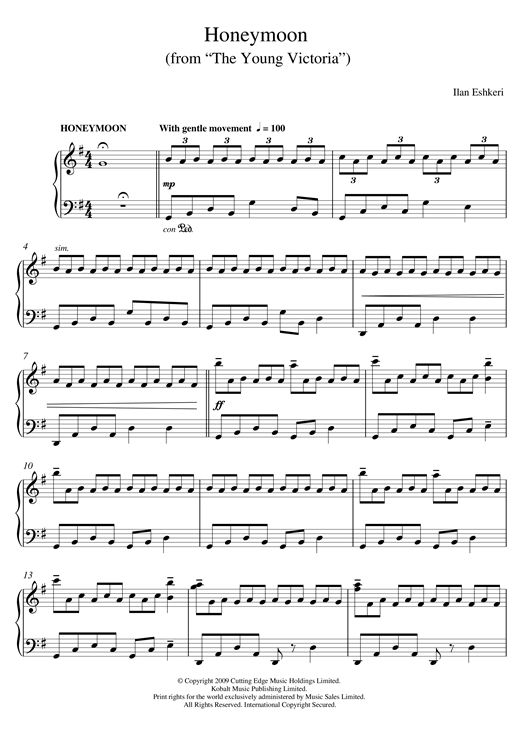 Preview Ilan Eshkeri Honeymoon (from The Young Victoria) Film and TV sheet music, notes and chords for Piano, SKU: 123906 Honeymoon (from The Young Victoria) sheet music